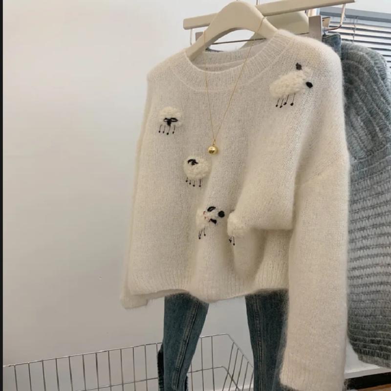 White Casual Sweater For Women 2025 New Long Sleeved O-Neck Warm Knit Pullovers Autumn Winter Korean Cute Animals Woolen Tops |